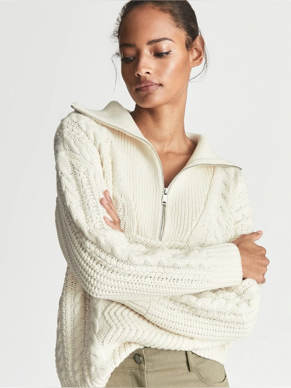Reiss Alexis Cable Knit Zip Neck Sweater in Cream Size Large